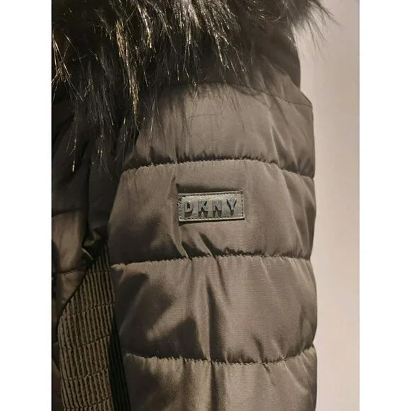 DKNY Black Quilted Puffer Coat Removable Faux Fur Hood Size Small - Picture 5 of 8